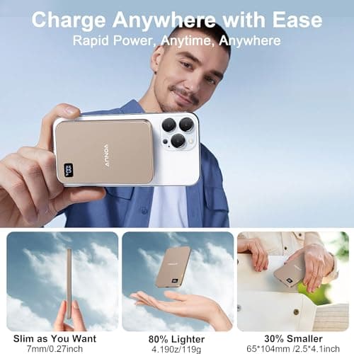 VONUV Magnetic Portable Charger 5000mAh, 15W Ultra Slim Wireless Portable Charger, Fast Charging for iPhone 16/15/14/13/12 Pro/Pro Max/Plus, Metal Shell, USB-C Cable to Charge Other Phones (Gold) - Thumbnail 6
