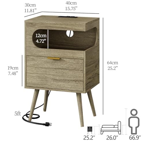 Veegle Nightstand with Charge Station,Modern Bedside Table with Storage Drawer and Open Wood Shelf, Accent Night Stand with Solid Wood Legs for Bedroom and Small Spaces (Grey Oak) - Thumbnail 2