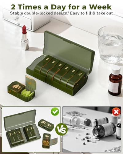Weekly Pill Organizer 2 Times a Day, 7 Day AM/PM Pill Box, Portable Medication Dispenser with Child-Resistant Latch, BPA-Free, Travel, Office, Pets, Emergency Use (Green) - Thumbnail 5