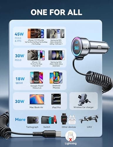 USB C 90W Car Charger for iPhone 17/16 Pro Max, PD & QC3.0 w/5 ft 45W Type Coiled Cable, Fast Car Phone Charger Adapter for iPhone 17Air/15 Pro, Samsung Galaxy S26/S25/S24, Pixel 10/LG/Android, iPad - Thumbnail 5