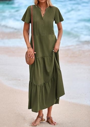 KIRUNDO Summer Maxi Dresses for Women 2026 Spring Fashion Short Sleeve Button V Neck Pleated Loose Tiered Swing Flowy Dress(Army Green, X-Large) - Thumbnail 6