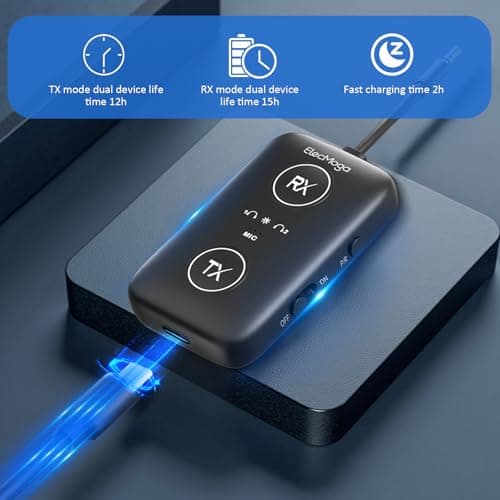 2025 Upgraded Airplane Bluetooth 5.4 Transmitter with Qualcomm Chipset, ElecMoga Airplane Travel Essentials Supports 2 AirPods or Headphones, 2-in-1 AUX Wireless Receiver for Gym, TV, Car, Audio - Thumbnail 6