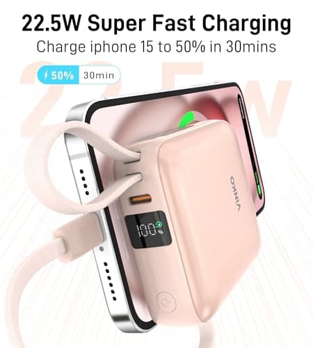 VINKO 10000mAh Power Bank Built-in Cables, Fast Charging with LED Display, Small Travel Battery Pack with Cords, Airplane Travel Essentials,Portable Phone Charger for iPhone 17 Smart Devcies(Pink) - Thumbnail 4