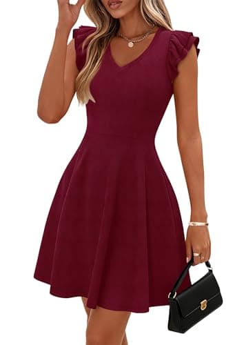 Lazysmile Summer Dresses for Women Ruffle Short Sleeve V Neck A Line Swing Ribbed Knit Casual Mini Short Dress Wine Red - Image 1