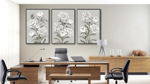 Large Framed Floral Wall Art, Elegant Blossom Plants Wall Pictures 24"x36" Set of 3 Light Grey Botanical Painting Prints Botany Peony Canvas Artwork for Living Room Bedroom Home Office Decor - Thumbnail 4