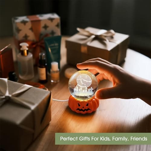 L LOHAS LED 3D Crystal Ball Night Light-Laser Engraved Haunted House Bat with Pumpkin Base,Cute & Funny Halloween Night Light for Kids, 3000K Warm White for Halloween Party Decor - Thumbnail 6
