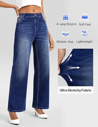 AVAMO Wide Leg Jeans Woman Stretchy Pull on Sweatpant Jeans for Women Elastic High Waisted Straight Leg Baggy Denim Pants Indigo - Thumbnail 4
