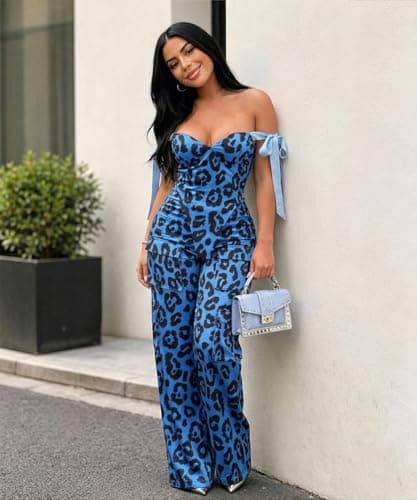 knowfashionstyle Sexy 2 Piece Sets For Women Going Out Sleeveless Croset Top And Wide Leg Pants Set Party Birthday Outfits BlueLeopard S - Thumbnail 3