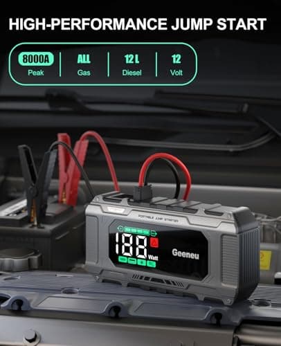 Geeneu Car Battery Charger Jump Starter, 8000A Portable Jumper Starter with PD 65W Quick Charger, Jump Box 12V Battery Booster Jump Pack for All Gas/10L Diesel,Large Screen,150W DC, Lights - Thumbnail 2