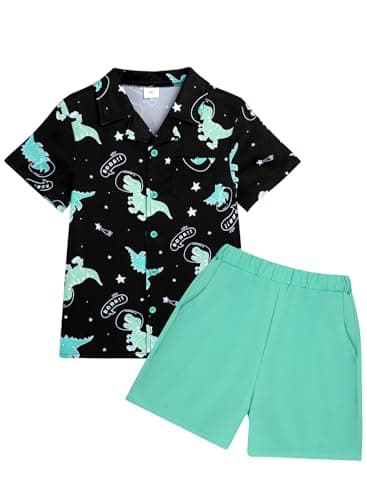 Dolxico Toddler Baby Boy Outfits Summer Clothes Kids Dinosaur Pattern Short Sleeve Button Down Shirt & Elastic Waist Casual Beach Shorts Set with Pockets 5-6 Years Green Dinosaur - Image 1