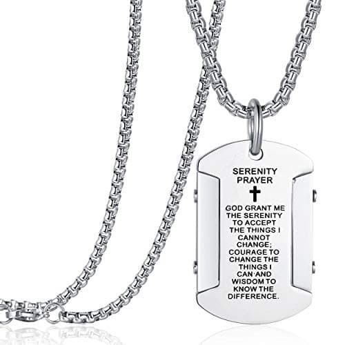 Rehoboth Men's Stainless Steel Dog Tag Bible Verse Serenity Prayer Cross Pendant Necklace for Men Women 24 Inch Chain Silver - Image 1