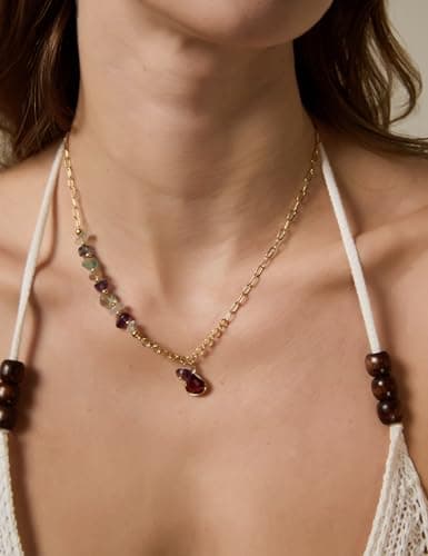 POMODA Crystal Paperclip Pendant Necklace for Women Gemstone Healing Necklaces for Women Natural Stone 14K Gold Plated Charm Boho Summer Jewelry Trendy Fashion Travel Colorful - Thumbnail 5