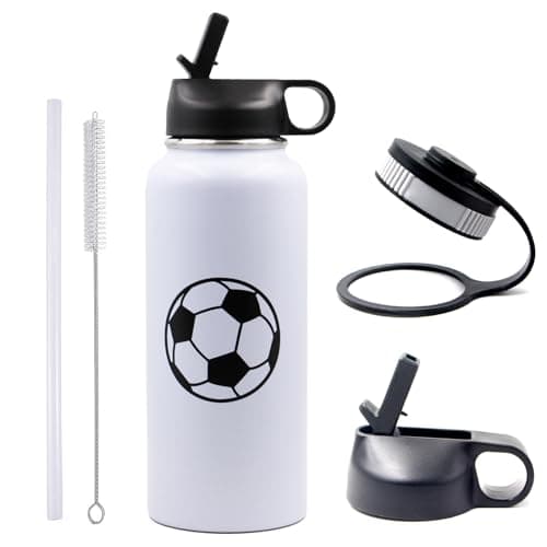 Soccer Water Bottle 32 oz Sports Flask Metal Travel Tumbler with 2 Lids, BPA Free Stainless Steel Double Wall Vacuum Insulated Water Bottles, Soccer Gifts for Boys Girls Player - Image 1