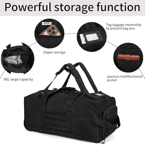 80L Waterproof Rolling Duffel Bag with Quick-Release Straps, Military Tactical Wheeled Foldable for Deployment Travel Camping Sports(Black) - Thumbnail 6