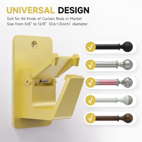 Universal Curtain Rod Holders, No Drill Curtain Rod Brackets, Self Adhesive Curtain Rod Brackets Up to 30 LB, Nail Free Curtain Rod Hooks for Bathroom, Bedroom, Livingroom, Kitchen (4PC, Gold) - Thumbnail 2