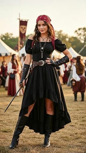 Renaissance Costume Women High Low Summer Corset Dress Black 2XL - Thumbnail 4