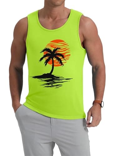 Mens Casual Summer Tank Tops Tropical Plants Graphic Crewneck Sleeveless Shirts Workout Gym Muscle Tops Beach Hawaii Vacation Fluorescein Palm Tree, M - Thumbnail 2