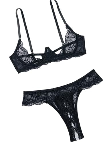 Avidlove Black Lace Lingerie Set for Women Underwire Push Up Bra with Panties Lingerie Set Black XL - Image 1
