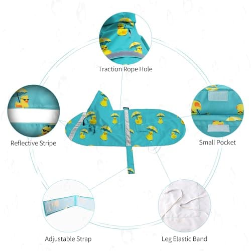 NACOCO Large Dog Raincoat Adjustable - Pet Rubber Ducks Yellow Water Proof Clothes Lightweight Rain Jacket Poncho Hoodies with Strip Reflective Pink (Lake Green L, Sunglass Duck) - Thumbnail 3