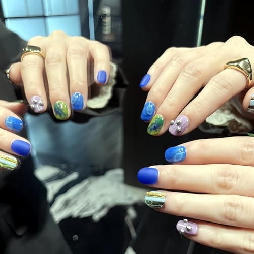 Fine Point Handmade Press-On Nails Set, Short Squoval, Funky Cobalt Blue Aura Green Swirl, 3D Stud Accent, Designer Artistic Novelty Fashion, Pop-Star Showgirl, Cosmic Coquette (Size Small) - Thumbnail 2