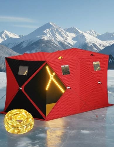 Garvee Pop Up Ice Fishing Shelter and Insulated Ice Fishing Tent with 49ft LED Light Strip, Windproof Portable Hub Design, Fits 5-7 People, 69 sq ft Fishable Area, Red+Black - Image 1