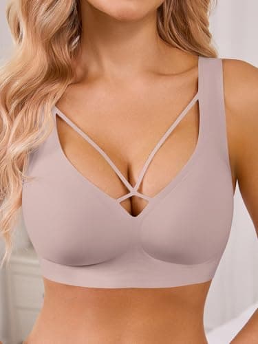 Aoysky Womens V Bras Wireless Criss Cross Comfortable Bra No Underwire Bras Tshirt Push Up Bralettes Plunge Seamless Bra Nude - Thumbnail 2