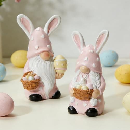 WDS WONDROUS Easter Decorations Gnomes Bunny Figurines Set, 2-Pcs Pink Resin Rabbit Ear Gnome with Heart Polka Dot Easter Egg Basket, Mini Easter Decorations Gnomes Bunny Figurines Set - Image 1