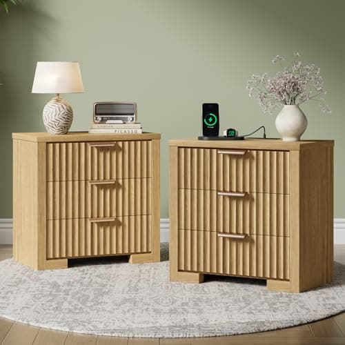 HOTALLOY Fluted Nightstand Set of 2, 24'' Wide Side Table with Charging Station, Modern Night Stand with Metal Handle, Wooden Bedside End Table for Bedroom, Living Room, Office, Natural Oak - Image 1
