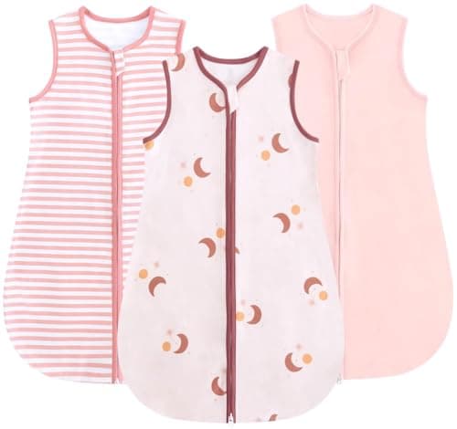 JiAmy Baby Sleep Sack 0.5 TOG Wearable Blanket, 3 Pack Cotton Sleeping Bag with 2-Way Zipper, Pink Moon, 6-12 Months - Image 1