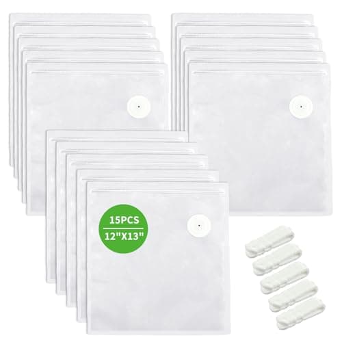 Large Reusable Vacuum Sealer Bags with Air Valve for Food Storage, BPA-Free Vacuum Zipper Bags for Sous Vide & Freezer, Vacuum Food Storage Bags, 15 Pack 12"x13" with 5 Sealing Clips