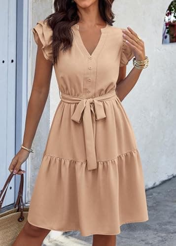 KIRUNDO Summer Dresses for Women 2026 Spring Flutter Sleeve V Neck Ruffle Flowy Tiered Knee Length Beach Vacation Sundress(Khaki, X-Large) - Thumbnail 3