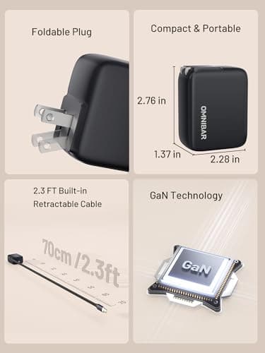 Omnibar USB C Retractable Wall Charger, 67W Max 3 in 1 GaN Fast Charging Block with Foldable Plug, Compact PD PPS USB C Charger Block for iPhone 17/16/15, Samsung Galaxy S26/S25, iPad, MacBook Air/Pro - Thumbnail 6