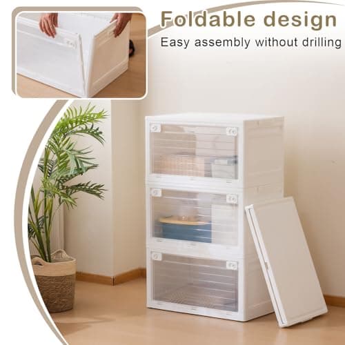 SOBIBO 3-Tier 101QT Stackable Storage Bins with Lid, Doors & Wheels, Collapsible Plastic Organizer Bins for Closet Bedroom, White - Thumbnail 6