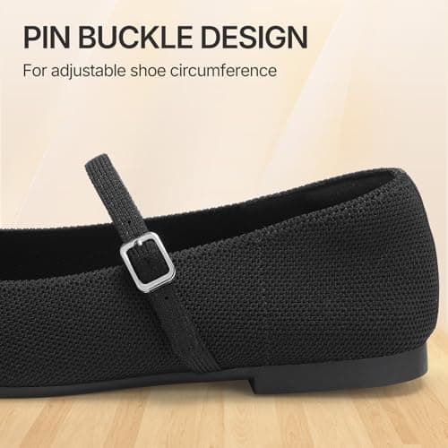ATHMILE Square Toe Ballet Flats Mary Janes Shoes Women with Padded Heel & Adjustable Strap, Knit Slip-On Flats for Women for Office, Dressy & Casual, Machine Washable for Easy Care Black Size 9.5 - Thumbnail 3