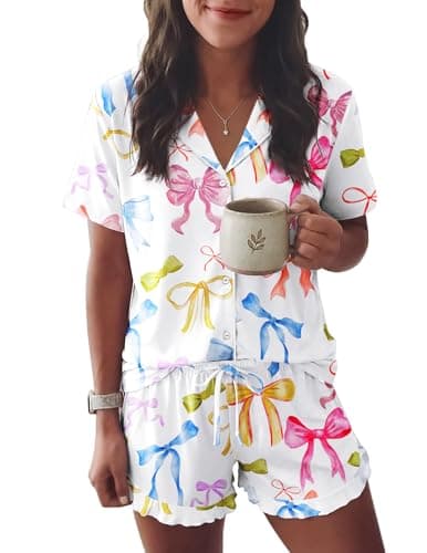 Ekouaer Womens Pajama Sets Button Down Short Sleeve Top and Shorts Cute Pjs Sets Sleepwear - Image 1