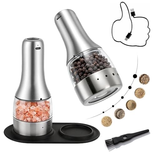 Electric Salt and Pepper Grinder Mill Set, 90ml Rechargeable Automatic Salt and Pepper Shakers with Dusty Tray, LED Lights, 5 Adjustable Coarseness for Kitchen, Outdoor Birthday Gifts for Women Mom - Image 1