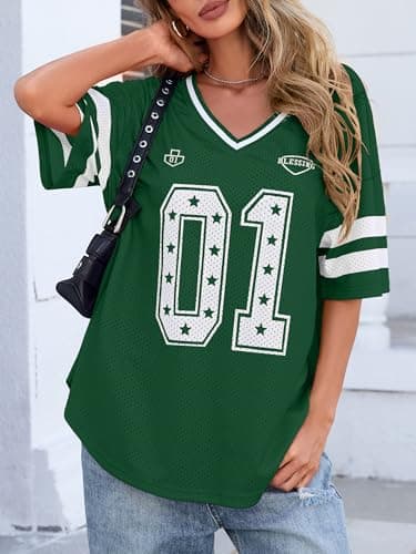 Bellcoco Women's Y2k Graphic Shirts Oversized Jersey Tops V Neck Number Print Off Shoulder Tees Football Streetwear Green Graphic XL - Thumbnail 2