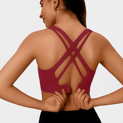 BaseTry High Impact Sports Bra for Women - Padded Seamless Support Bra for Yoga Gym Workout Fitness -Criss Cross Back High Support Running Bra (US, Alpha, Small, Regular, Regular, PinkRedBlack) - Thumbnail 3