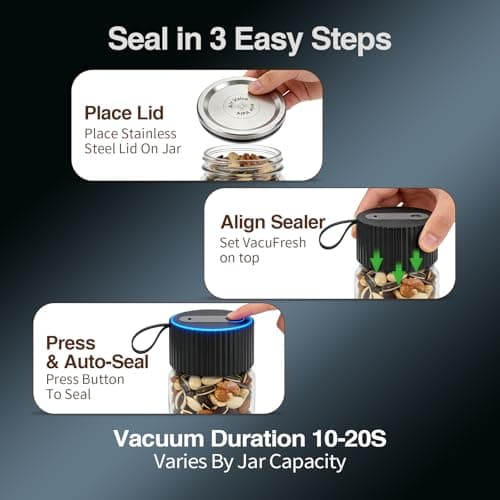 Electric Mason Jar Vacuum Sealer kit 3-in-1 Portable Vacuum Sealing for Jars Lids, Bags & Containers | Ideal for Fresh Produce, Dry Foods, Meats & Meal Prep (Black) - Thumbnail 6