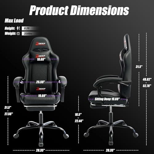DEEPfurniture Gaming Chair with Footrest, Ergonomic Game Chair with Lumbar Support and Linkage Armrest, Reclining Computer Chair Height Adjustable for Home Office Father's Day(1001-Black) - Thumbnail 3