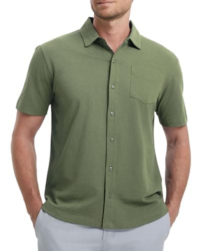 M MAELREG Mens Button Down Short Sleeve Shirt Lightweight Pique Collared Shirts for Men Summer Shirts with Pocket Olive Green