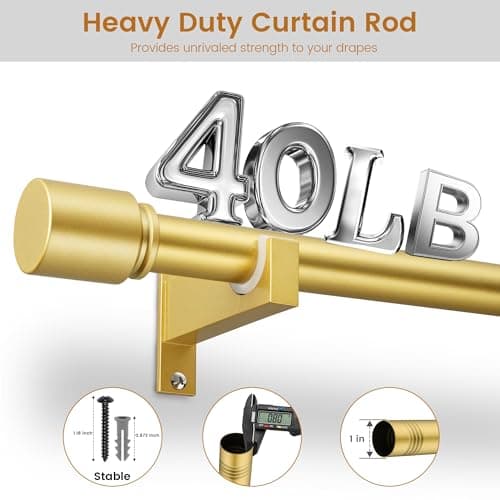 Gold Aluminium Curtain Rods for Windows,1 Inch Adjustable Curtain Rod 48 to 84 Inch,Heavy Duty Drapery Rods with Thicken Bracket,Modern Single Rod with Aluminium Finials - Thumbnail 5
