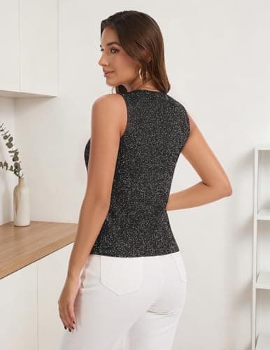 DRESSTELLS Women's Black Halter Neck Crossover Sleeveless Ribbed Knit Tank Vest Top Casual Summer Blouse Glitter Sweater Vest 2026 S - Thumbnail 3