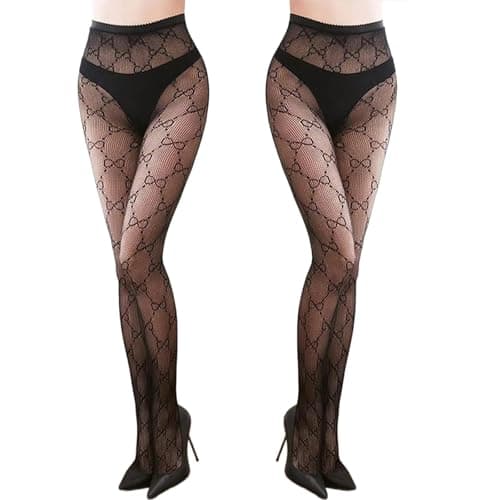 YWSHOMEE 2 Pairs Lace Patterned Tights Fishnet Floral Stockings Small Hole Pattern Leggings Tights Net Pantyhose, Black Letter G - Image 1