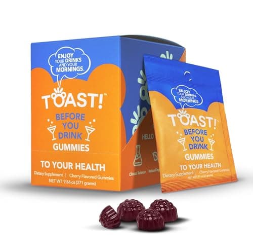 Toast! Before You Drink Gummies - Alcohol & Liver Support Supplement for Drinking & Better Morning - Recovery, Relief & Detox - L-Cysteine, Milk Thistle, Ginseng, Vitamins - Cherry Flavor - 10 Packs - Image 1