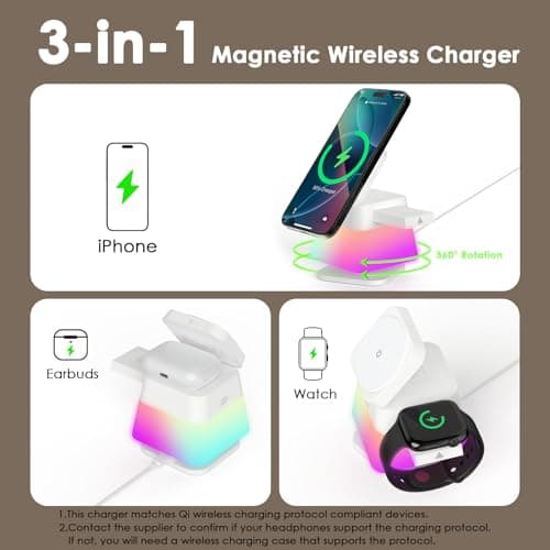 Minthouz 3 in 1 Charging Station for iPhone, Wireless Charger for Apple, MagSafe Charger with Night Light, 360° Rotation, Compatible with iPhone 16, 15, 14, 13, 12 Pro, Apple Watch & AirPods Pro 4/3/2 - Thumbnail 2
