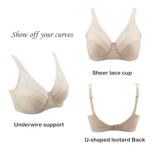Lunanewook Women's Plus Size Lace Bras Minimizer Underwire Full Coverage Comfort Everyday Bra Champagne - Thumbnail 4