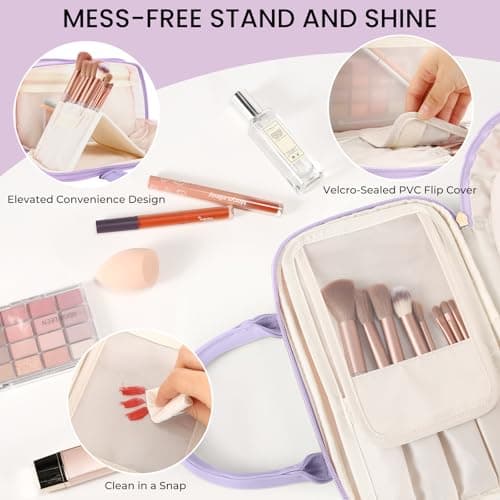 Travel Makeup Bag for Women Fashion Large Capacity Pouch Open Flat Cosmetic Portable Organizer Waterproof Large Opening Storage Toiletry Bags Vertical Free-Standing Brush Holder for Easy Access Purple - Thumbnail 3