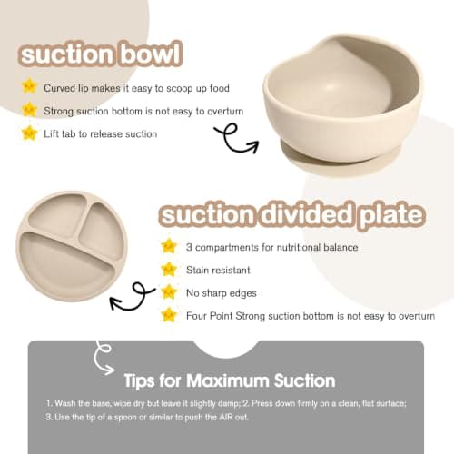 Baby Led Weaning Supplies, 17 Piece BPA-Free Silicone Feeding Set, Eating Essentials Baby Utensils with Suction Plate and Bowl, Pocket Bib, Sippy Cup with Lid, for 6+ Months, Beige - Thumbnail 6