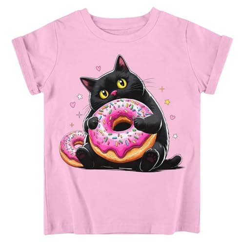 Funnycokid Little Girls Shirt 4T 5T Toddler Pink Tees Black Cat Donuts Animal Children Cute T-Shirt Graphic Short Sleeve Clothes Tops - Image 1